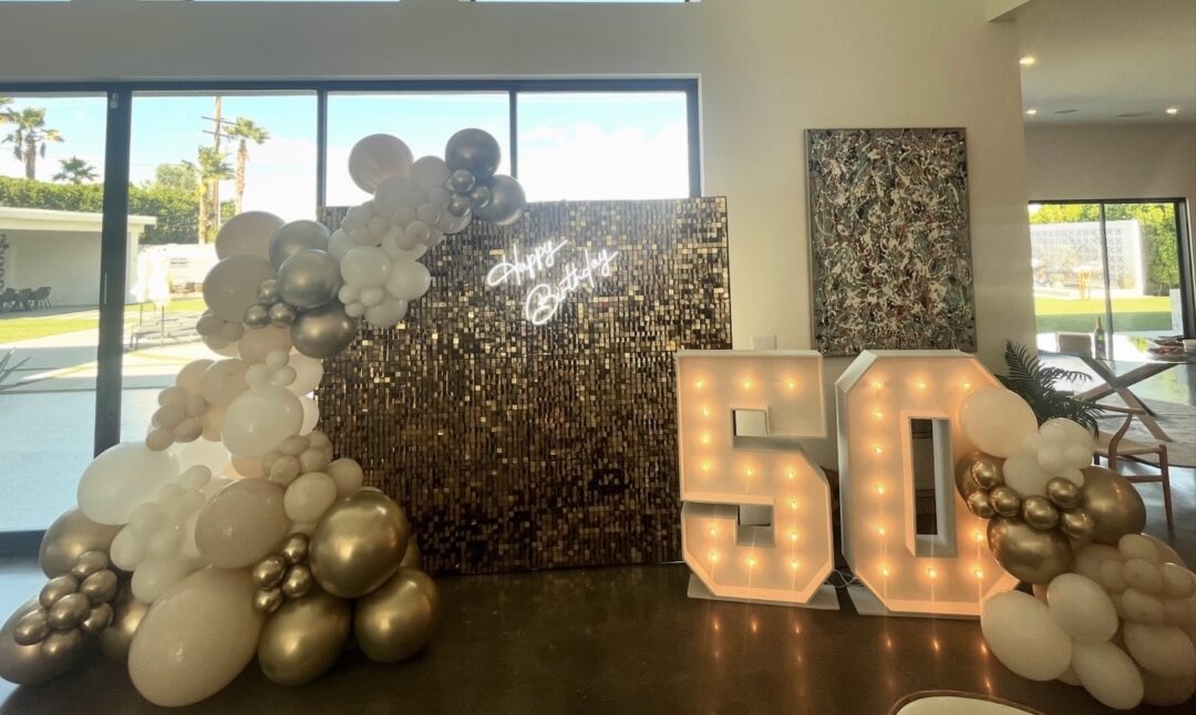 Balloon garland, shimmer wall and marque numbers with lights*