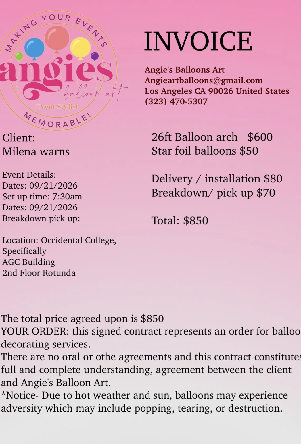 invoice ( Balloon arch 26Ft)